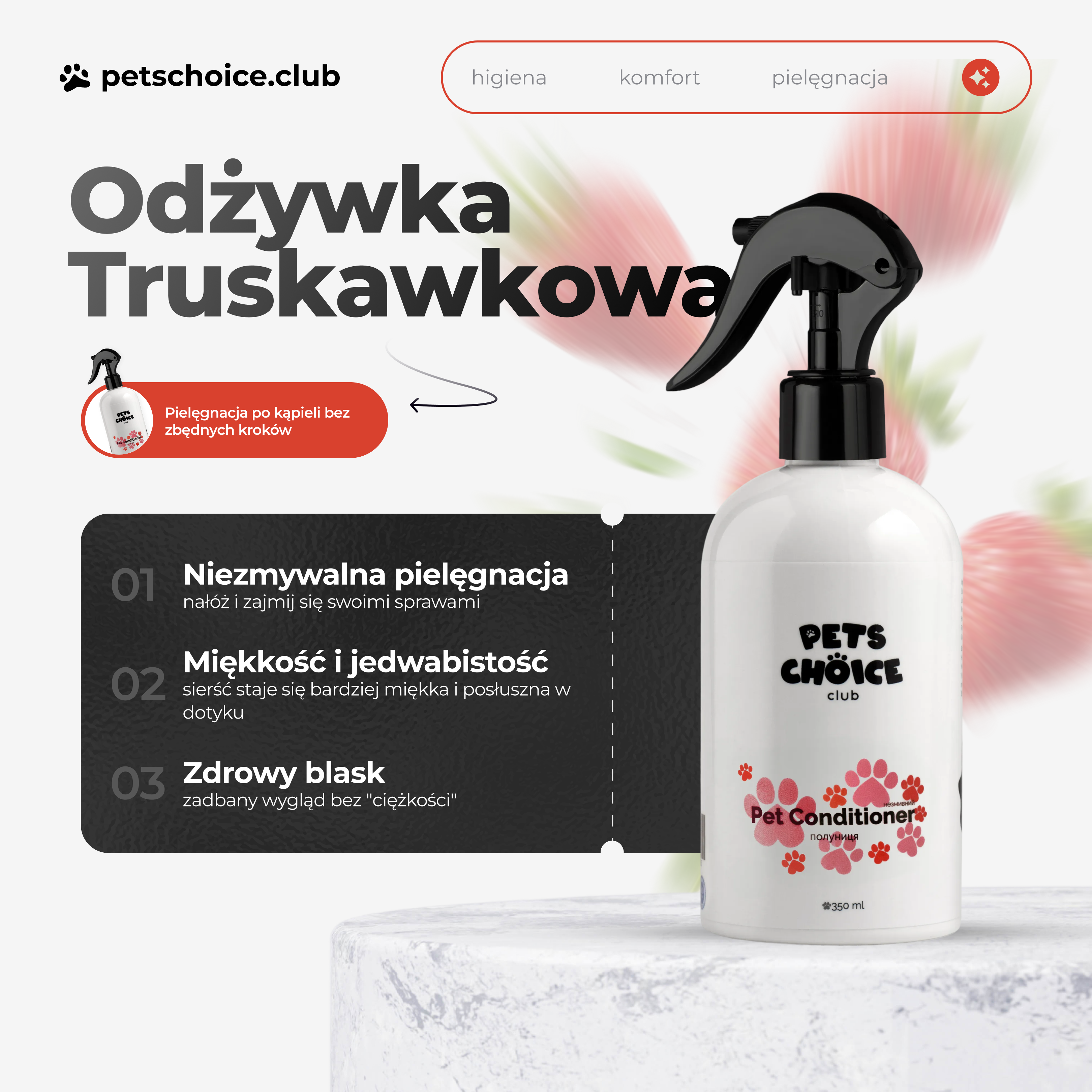 LEAVE-IN CONDITIONER STRAWBERRY | Odżywka w sprayu dla psów, truskawkowa, 350 ml