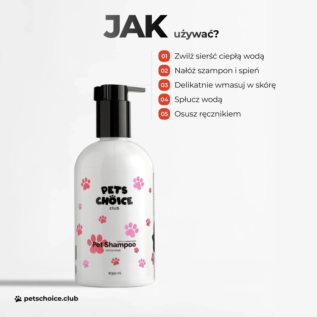 Szampon dla psa o zapachu truskawkowym 350 ml - instrukcje użycia i aplikacja na opakowaniu.