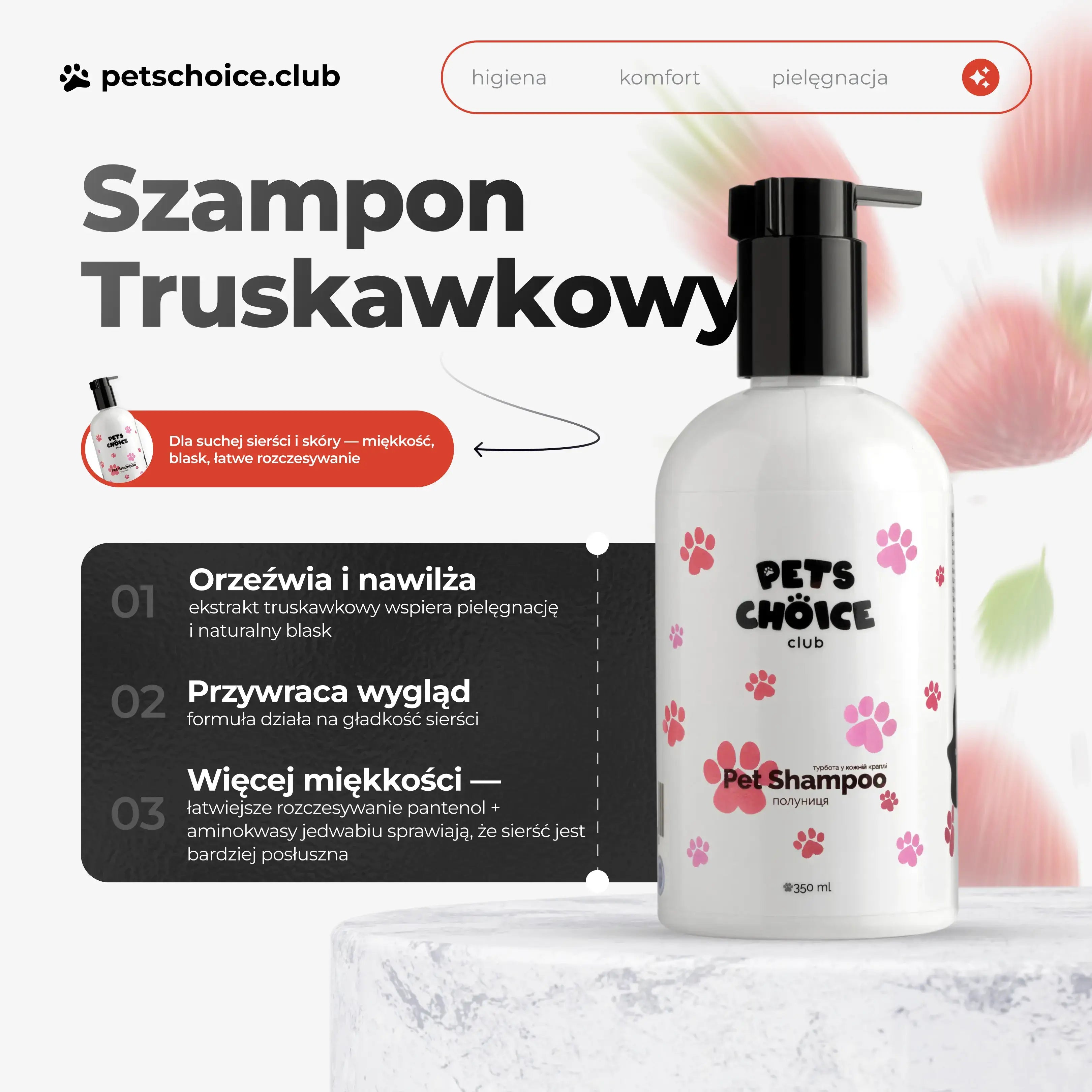 Szampon dla psa o zapachu truskawkowym 350 ml w butelce z aplikatorem, nawilża i przywraca blask sierści.