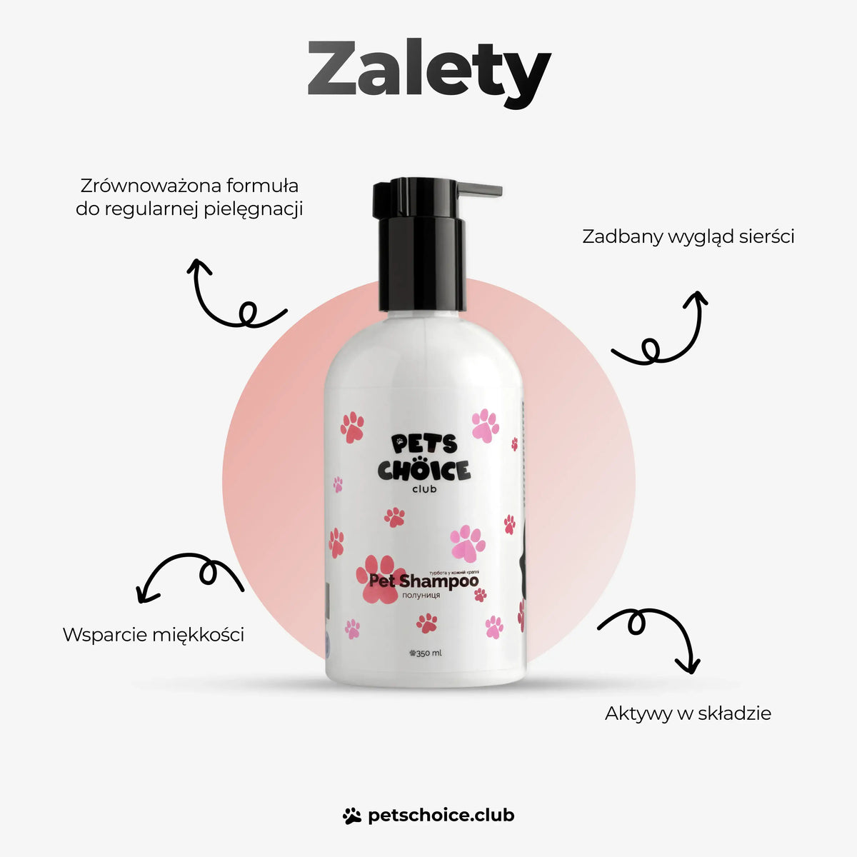 Szampon dla psa o zapachu truskawkowym 350 ml – butelka z opisem zalet i składników.